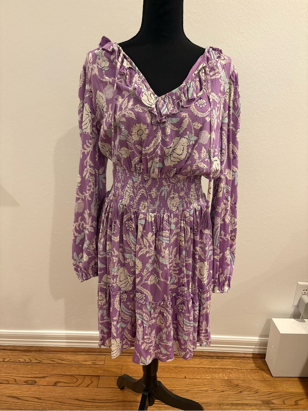 Haute Hippie Lavender Floral Smocked-Waist Mini Dress